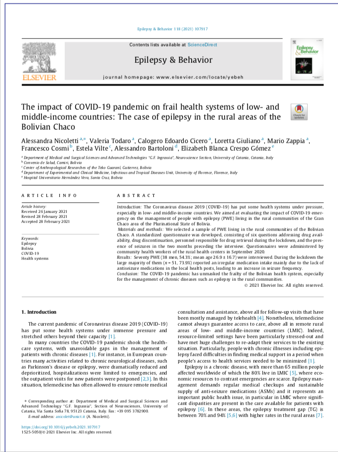 The impact of COVID-19 pandemic on frail health systems of low- and
middle-income countries: The case of epilepsy in the rural areas of the
Bolivian Chaco
