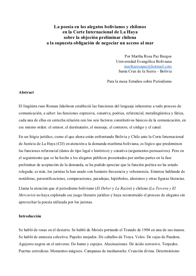 La poesía en los alegatos bolivianos y chilenos en la Corte Internacional de La Haya sobre la objeción preliminar chilena de negociar un acceso al mar