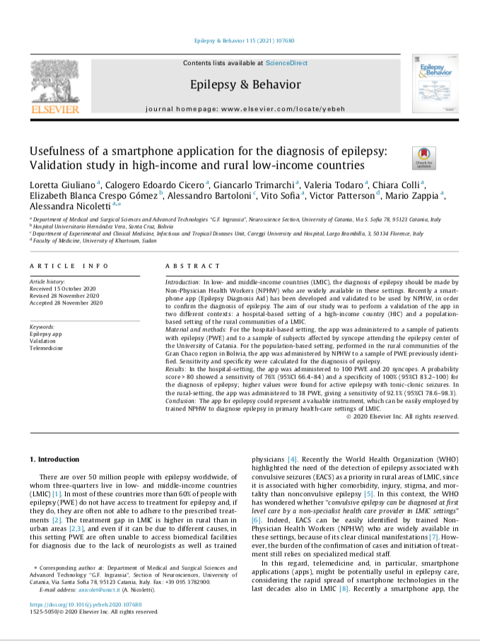 Usefulness of a smartphone application for the diagnosis of epilepsy: Validation study in high-income and rural low-income countries