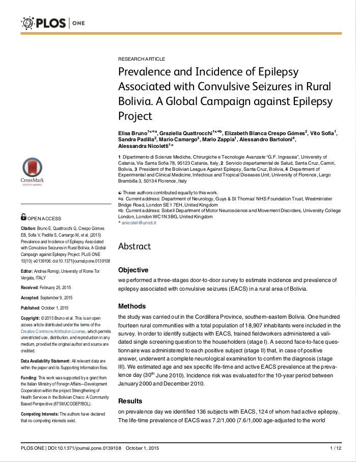 Prevalence and Incidence of Epilepsy Associated with Convulsive Seizures in Rural Bolivia. A Global Campaign against Epilepsy Project