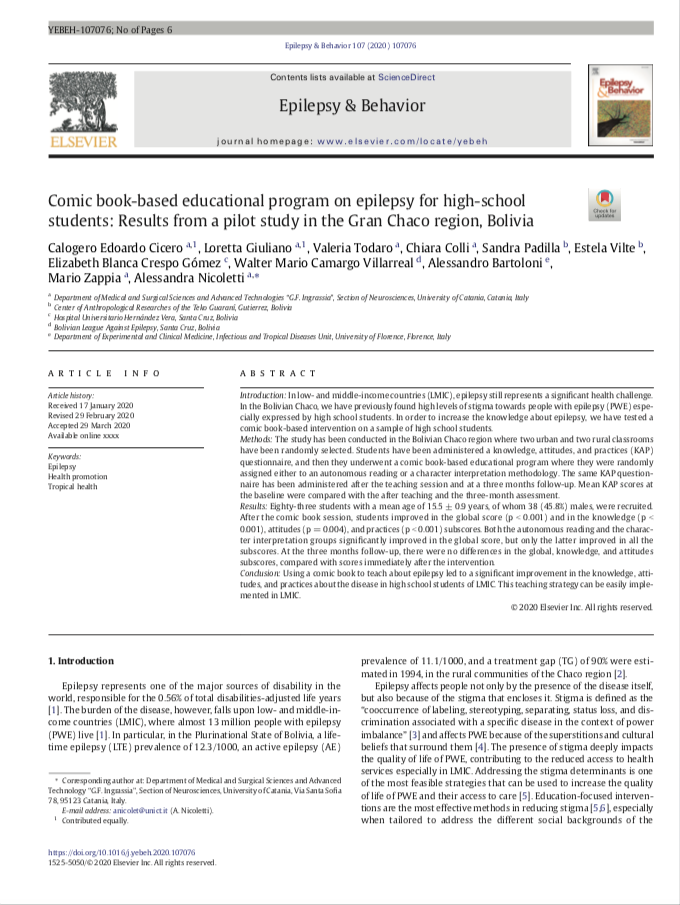 Comic book-based educational program on epilepsy for high-school students: Results from a pilot study in the Gran Chaco region, Bolivia