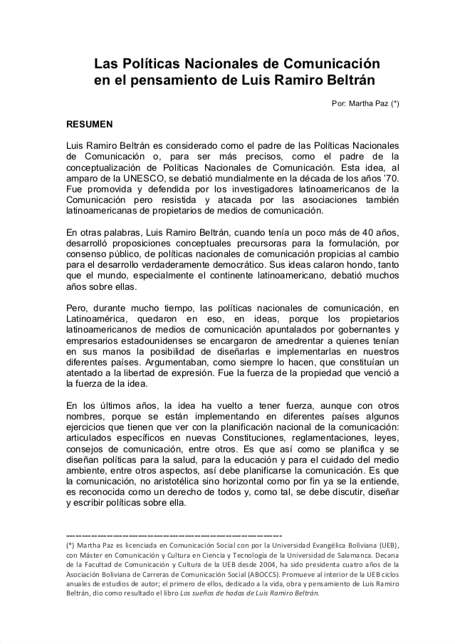 Las políticas nacionales de comunicación en el pensamiento de Luis Ramiro Beltrán